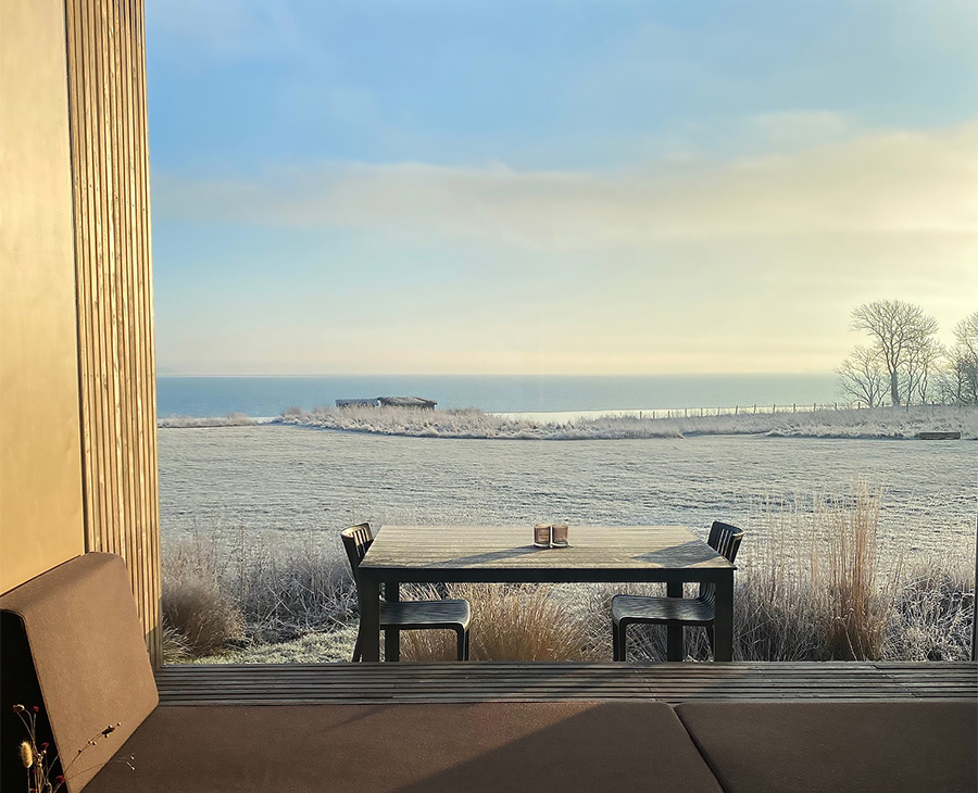 Udsigt fra Helnæs Mølle ferielejlighed om vinteren